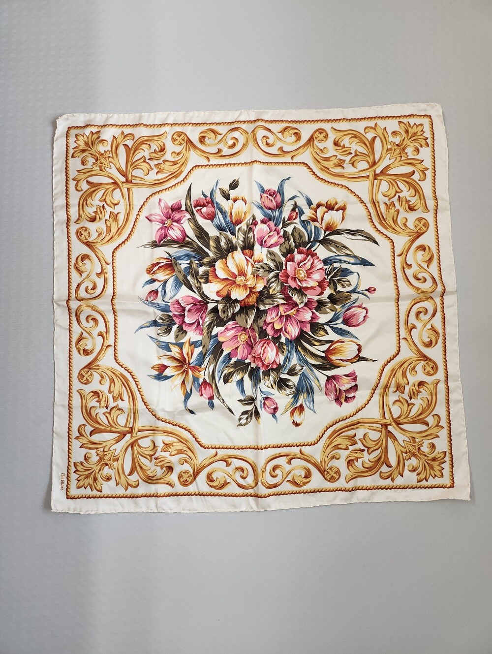 Vintage Bill Blass Carre Scarf Floral Cream Silk Peony Frame Square Handrolled
